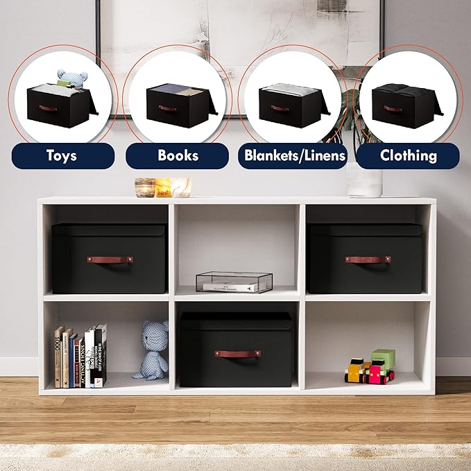 Ornavo Home 6 Pack Collapsible Storage Bins with Lid, Foldable Linen Fabric Shelf Storage Basket Closet Organizer and Large Storage Box for Clothes with Leather Handles, 15 x 10 x 9, Black