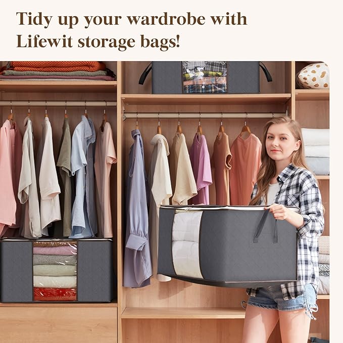 Lifewit 12 Pack Clothes Storage Bins with Lids, Foldable Blanket Storage Bags with Zippers, Clear Window and Reinforced Handles, Closet and Organization for Clothing, Sweater, Comforter, Bedding, Gray