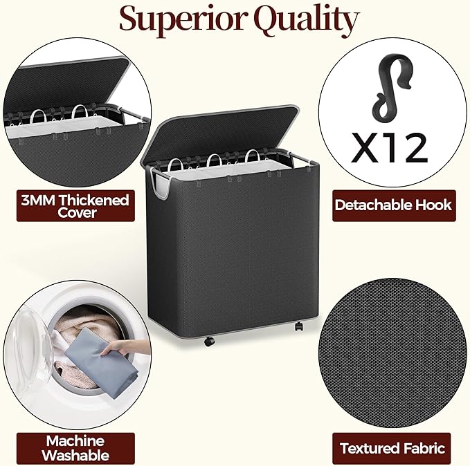 LAMU 160L Laundry Hamper with Wheels, Black Rolling Laundry Basket with Lid and 3 Removable Laundry Bag, Large Capacity 3 Section Dirty Clothes Hampers for Laundry Room, Bedroom, Bathroom, Dorm