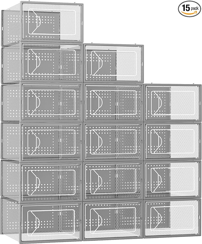 Foluck Shoe Storage Box, 15 Pack Clear Plastic Stackable Shoe Organizer for Closet, Interlocking Design Shoe Container Bins for Sneakers, Foldable Shoe Rack with Lids, Gray