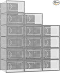 Foluck Shoe Storage Box, 15 Pack Clear Plastic Stackable Shoe Organizer for Closet, Interlocking Design Shoe Container Bins for Sneakers, Foldable Shoe Rack with Lids, Gray
