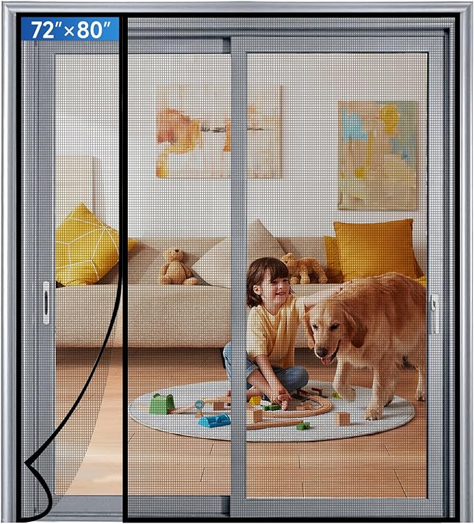 Magnetic Screen Door Mesh Left Right Side Opening Upgraded PET Material Mesh Stronger Than Fiberglass and Polyester,Keep Bugs Out,Pet & Kid Friendly Screen Size 74'' X 82''