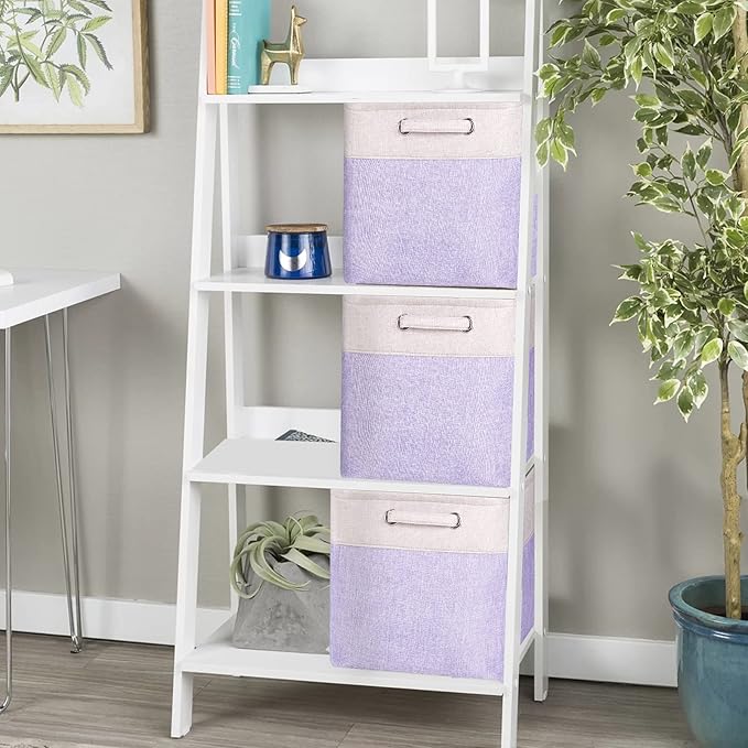 Fabric Cube Storage Bins Foldable Storage Boxes Light Purple and Silver Khaki Patchwork Storage Baskets Cubes Storage Bins with Handle Cube Inserts Storage 13x13x13 cube organizer bin Pack of 3