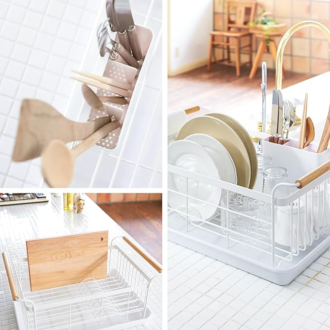 YAMAZAKI Home Sink Dish Rack with Removable Drainer Tray, Kitchen Drying Organizer Holder, One Size, White Steel