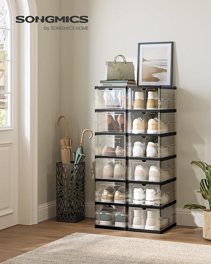 SONGMICS Foldable Shoe Boxes, Pack of 12 Stackable Shoe Storage Organizer, Set of 2 Integraed Shoe Cabinets, Portable, Fit up to US Size 13, 60s Assembly, Transparent and Ink Black ULSP206B01
