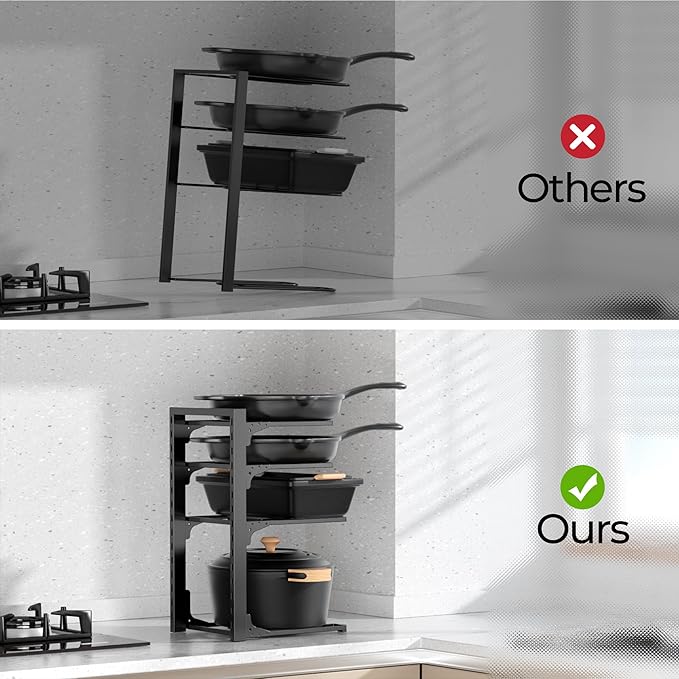 MUDEELA Pots and Pans Organizer under Cabinet 15.75" Tall, 4-Tier Heavy Duty Pan Organizers inside Cabinet Kitchen Storage, Adjustable Pot Rack Holds up to 88 LB Cast Iron Skillets Shallow Cookware