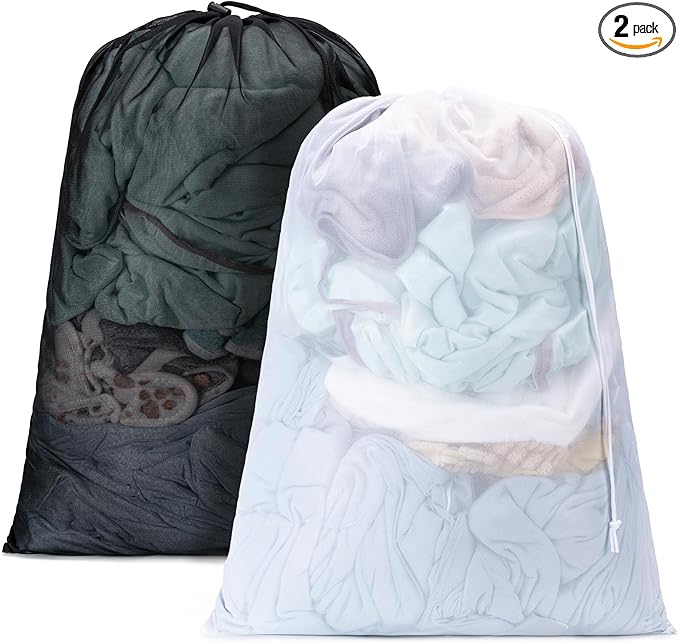2 Pack Mesh XL Laundry Bags,Machine Washable Dirty Clothes Organizer with Drawstring and ID Tag, Large Laundry Hamper Liner Enough to Laundry Essentials forTravel(24"x 36",Black+White)