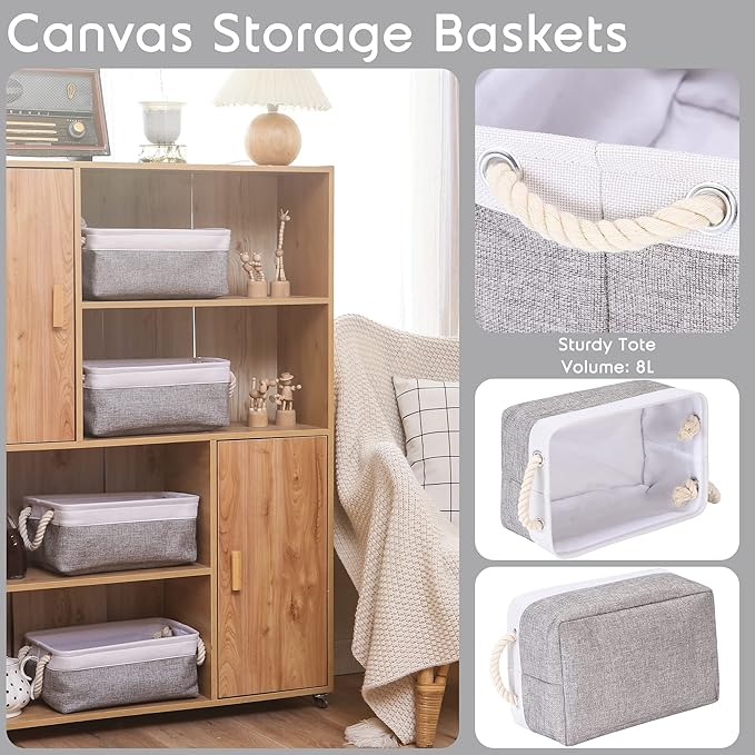 Sea Team 3-Pack Small Storage Basket Set, Storage Cube Organizer, Storage Bins, 12 x 8 x 5 Inches, Rectangle Canvas Fabric Collapsible Shelf Box with Handles for Kids Room (Grey/White)