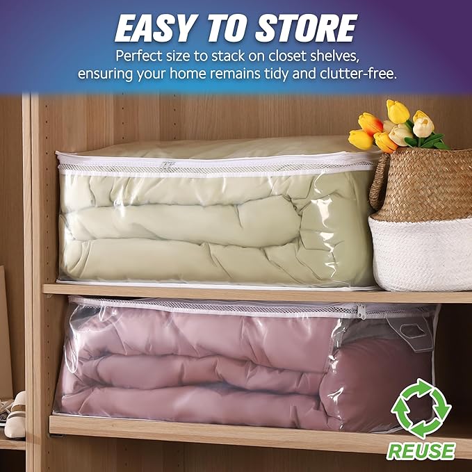 HIBAG 20 Gallon Large Storage Bag for Clothes, Zipper Clothing Storage Bag, Clear Organizer with Reinforced Handles, for Comforters Blankets Pillows Bedding (1 Pack)