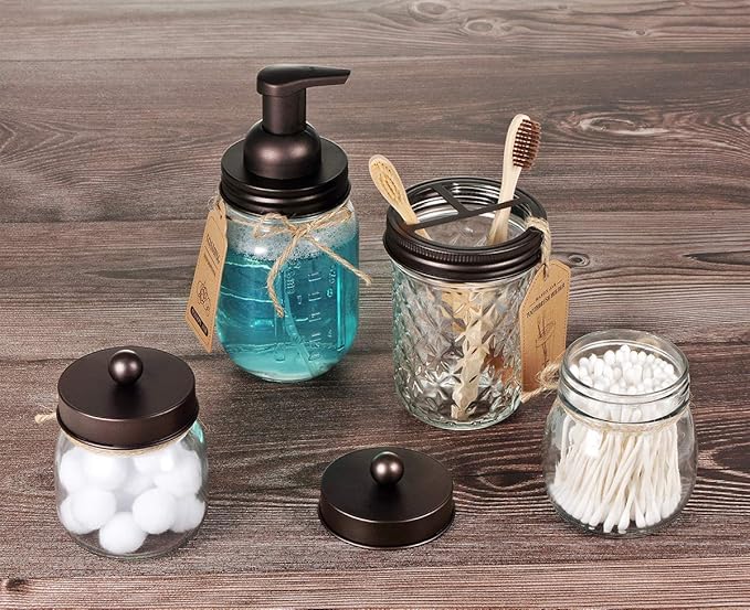 Amolliar Mason Jar Foaming Soap Dispenser, Rustproof Stainless Steel Lid, BPA Free Foam Pump, Waterproof Labels, Rustic Farmhouse Decor Refill Hand Soap Dispenser Bathroom Accessories– Bronze (2 Pack)