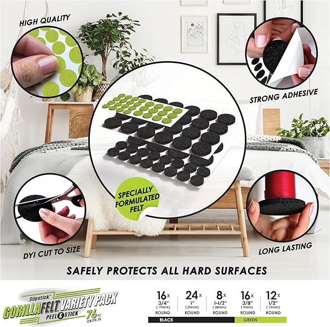 Slipstick Gorilla Felt Furniture Pads (76 Piece Variety Pack) Premium Furniture Pads & Chair Leg Floor Protectors for Hardwood Floors & Hard Surfaces