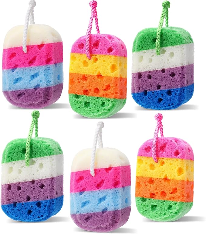 6 Pcs Exfoliating Bath Sponge Body Loofah Sponges Shower for Women Reusable Soft Bathing Pouf Foam Lufa Body Scrubber and Rich Lather, Color Matching(Gradient Colors)