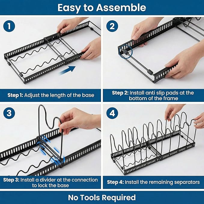 Expandable Pot Rack Organizer for Cabinet, Wave Slot Carbon Steel Pot & Pan Holder with 10 Adjustable Slots, Heavy Duty Cookware Storage for Pans, Lids, Bakeware, Countertop or Under Sink, Black