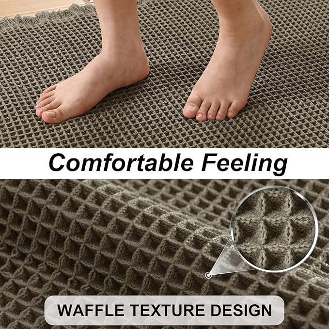 JIUZHEN Set of 2 Waffle Bath Mats Non Slip Waffle Bathroom Runner Rug Washable Boho Runner Bath Rugs Super Absorbent Shower Mat for Bathroom Kitchen Hallway Laundry, 20" x 32" +24" x 60", Olive Green