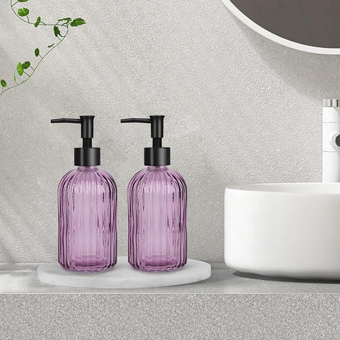 2 Pack Stripe Glass Soap Dispenser with Black Plastic Pump, 400ml Liquid Hand Soap Dispenser, Rustproof Pump for Kitchen & Bathroom, Great for Lotions, Essential Oil, Liquid Soaps- (Purple)