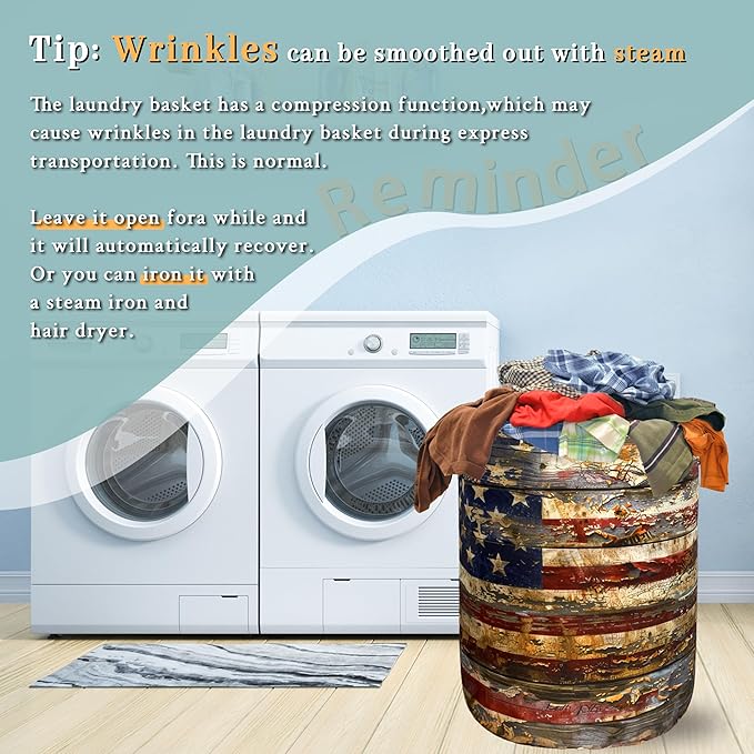 Vintage American Flag Laundry Basket Patriotic Funny Laundry Hamper Foldable Oxford Cloth Colorful Tote Bag Clothes Toy Storage Bucket 18.9" x 16.5"For Bathroom/Laundry Storage/Bedroom