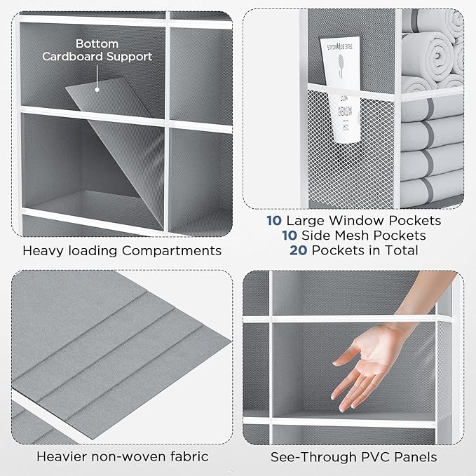 PureSpace 5-Tier Over The Door Organizer with 10 Side Mesh Pockets & Clear Windows, 80 lbs Weight Capacity Hanging Storage for Bathroom, Bedroom, Nursery, Kitchen, Organize Shoes, Diapers(Clear Grey)