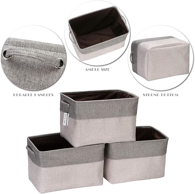 Sea Team 3-Pack Large Storage Basket Set, Trunk Organizer, Clothes Toys Bin, 15 x 10 x 10 Inches, Big Rectangular Canvas Fabric Collapsible Shelf Box with Handles for Kids Room (Ash Grey/Grey)
