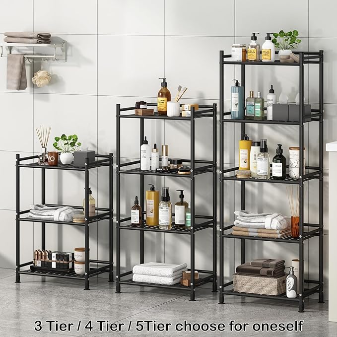 5 Tier Bathroom Storage Open Shelf Unit, Free-Standing Metal Corner Rack Shelving for Kitchen, Living Room, Hallway (Black, Wider 5 Tier)