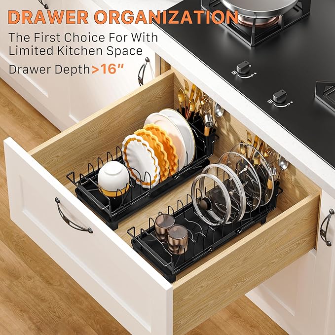 masadi Small Dish Drying Rack - Expandable Sink Dish Drying Rack Over Sinks with Drying Tray, Dish Drainer for Kitchen Counter with Adjustable Cutlery Holder, Space-Saving for Small Kitchens, Black
