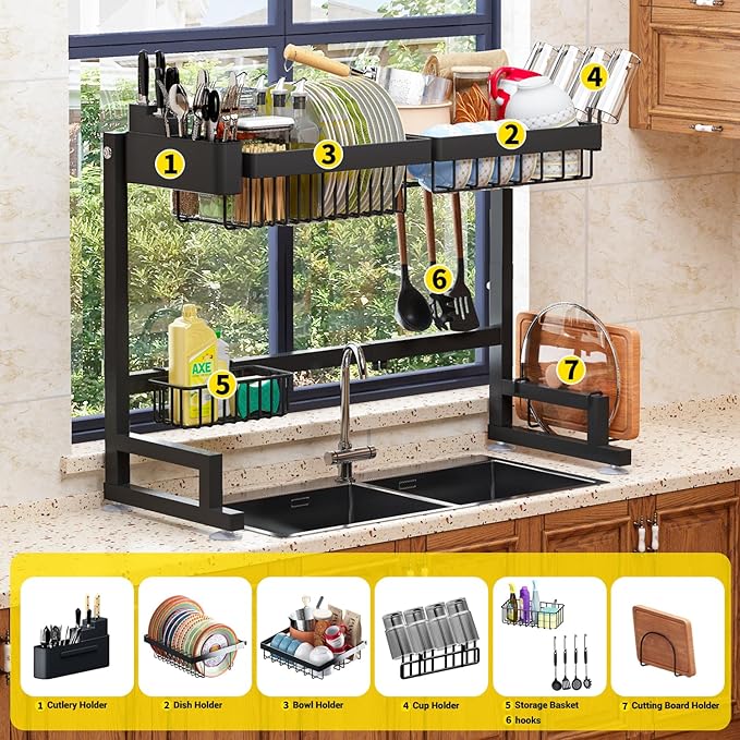 Over Sink Dish Drying Rack (Expandable Height/Length) Snap-On Design Large Dish Drainer Storage Counter Organizer 24" - 35.5"(L) x 12"(W) x 19" - 22"(H)