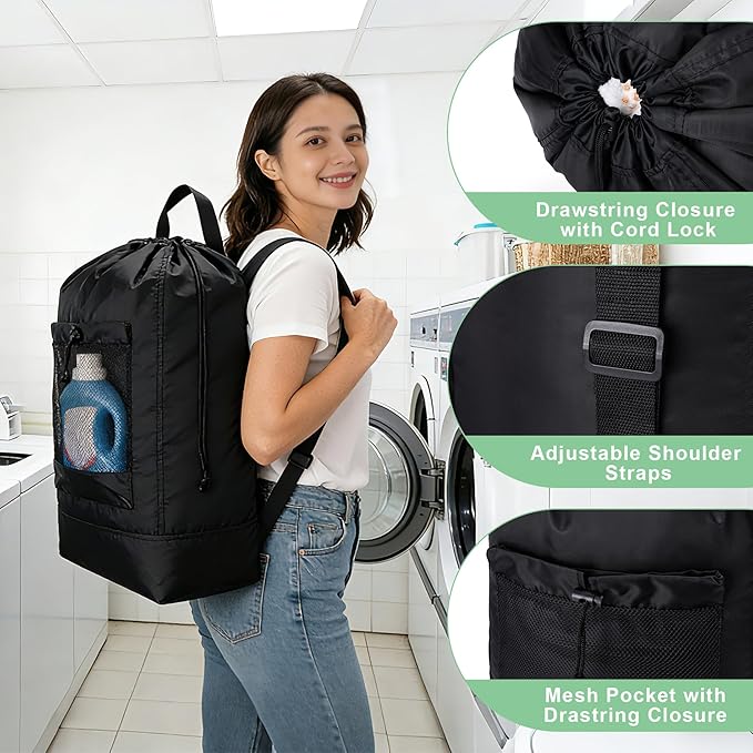 Backpack Laundry Bag,Large Travel Laundry Bags with Shoulder Straps and Mesh Pockets,Laundry Backpack with Drawstring Closure for College,Trave,Dorm, Apartment,Laundromat (Grey)