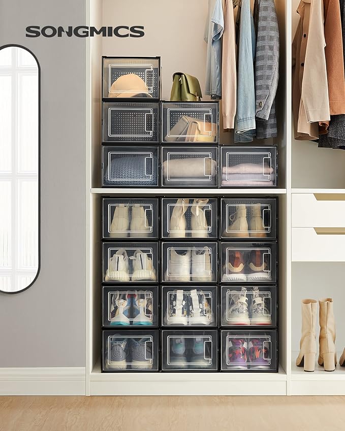 SONGMICS Shoe Boxes, Pack of 18 Shoe Storage Organizers, Stackable Clear Plastic Boxes for Closet, Sneakers, 13.7 x 9.9 x 7.4 Inches, Transparent and Black ULSP007B18