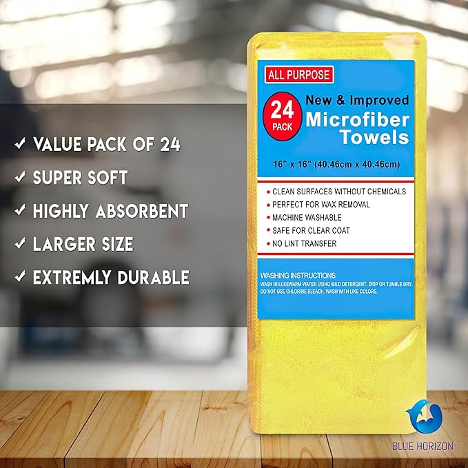 Blue Horizon Microfiber Cleaning Towels, Pack of 24, Ultra Soft Plush Washcloth, All Purpose Premium Microfiber Detailing Cleaning Cloths Reusable Shop Towels (16" x 16", Gold)