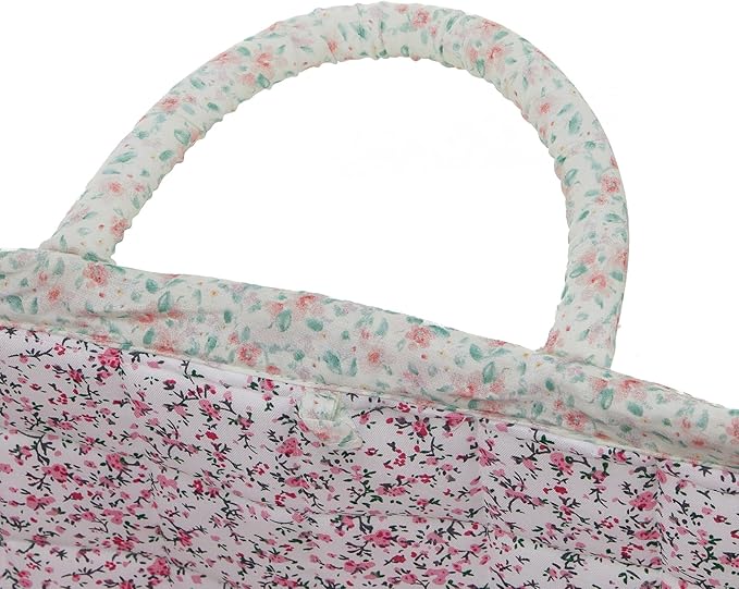 Quilted Fabric Storage Basket with Handles & Pocket, Foldable Laundry Hamper Boho Floral Print Organizer Bin for Home, Picnic, Office 12"x10"x10" (A-1)