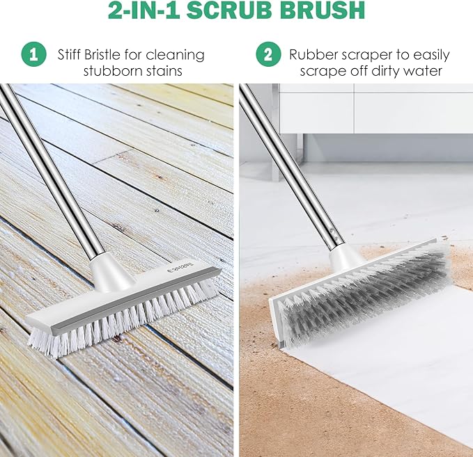 SetSail Floor Scrub Brush with 51-Inch Long Adjustable Handle 2 in 1 Scrape Brush Stiff Bristle Floor Scrubber for Cleaning Shower Bathroom Garage Kitchen Wall Deck Tub Tile, 2 Pack (Grey White)