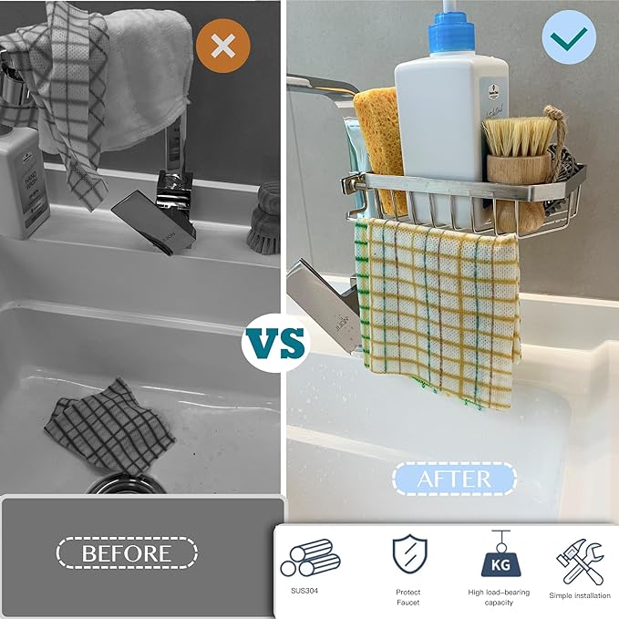 Sponge Holder for Kitchen Sink, Kitchen Organizer, 304 Stainless Steel Cleaning Supplies Organizer, Sink Brush Holder, Sink Organizer, Hanging Organizer (ROUND RIGHT)