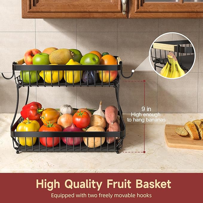 3 Tier Fruit Basket for Kitchen Counter with 2 Mobile Banana Hangers, 2026 Pro Detachable Metal Fruit Bowl with Wooden Handle, Fruit Holder for Bread Snack Veggies with Protective Mats
