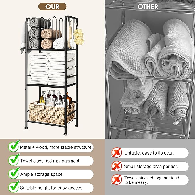 Standing Towel Racks for Bathroom 3-Tier, Durable Metal Towel Rack Stand, Pool Items Holder, M-Shaped Detachable Dividers for Towel Storage, Space-Saving Storage Organizer Black, Patent Pending