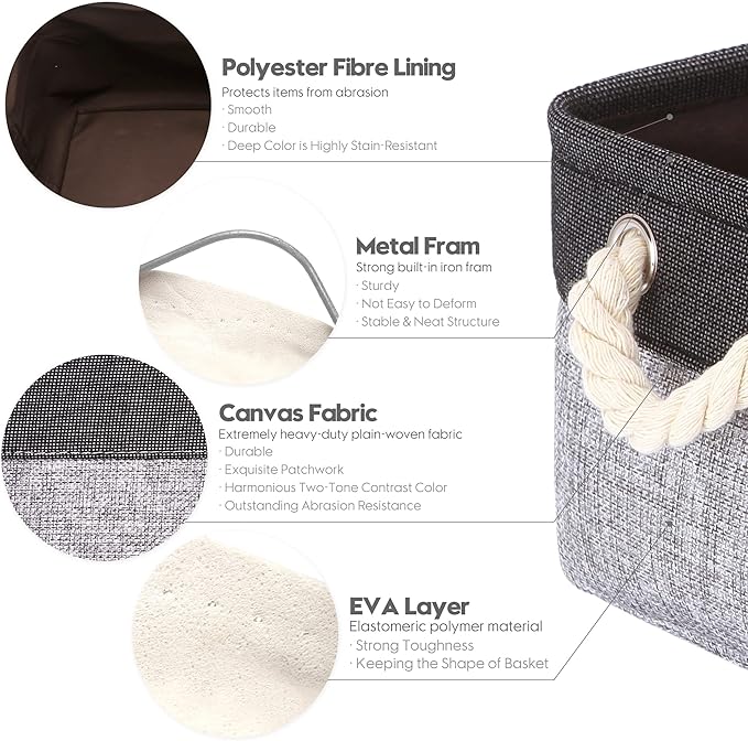 Sea Team 3-Pack Small Storage Basket Set, Storage Cube Organizer, Storage Bins, 12 x 8 x 5 Inches, Rectangle Canvas Fabric Collapsible Shelf Box with Handles for Kids Room (Grey/Black)