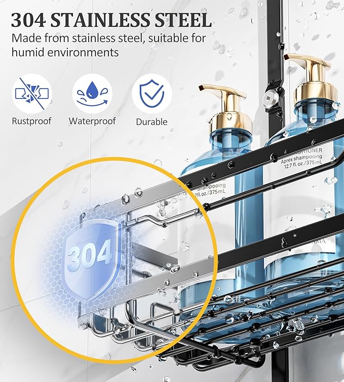 OMAIRA Shower Caddy Organizer Hanging, Adjustable Stainless Steel No Drilling Non-Slip Bathroom Caddy Organizer Storage Shelves for Inside Bath Over Shower Head Rack Holder, Black