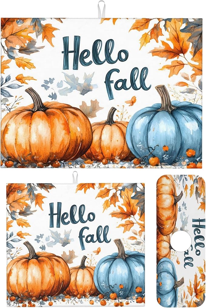 3Pcs Pumpkin Dish Drying Mat & Kitchen Sink Splash Guard Faucet Mat For Kitchen Counter,Hello Fall Absorbent Microfiber Dishes Pad Dish Drainer Rack Mats Fast Dry Kitchen Accessories