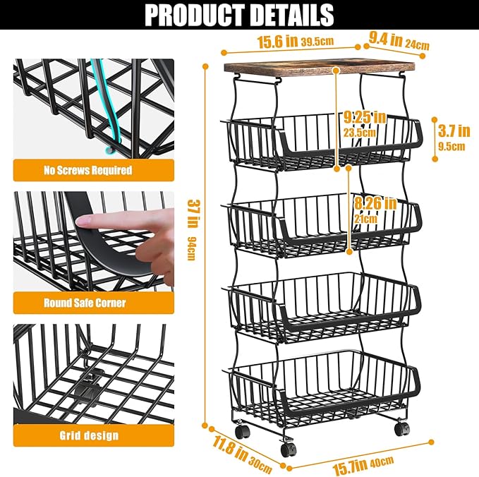 Fruit Vegetable Basket for Kitchen, 5 Tier Stackable Fruit Vegetable Storage Baskets with Wheels, Metal Wire Storage Basket Organizer Baskets for Kitchen, Pantry, Bathroom