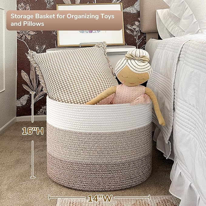 Goodpick Large Woven Basket, Blanket Basket Living Room 15.8"x15.8"x13.8", Woven Storage Bin for Baby Laundry, Light & Brown
