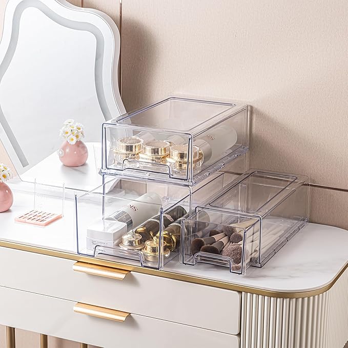 2 Pack Stackable Storage Drawers, Plastic Clear Organizer Bins with Handles for Undersink, Kitchen Cabinet, Fridge, Closet, Pantry, Office, Bathroom