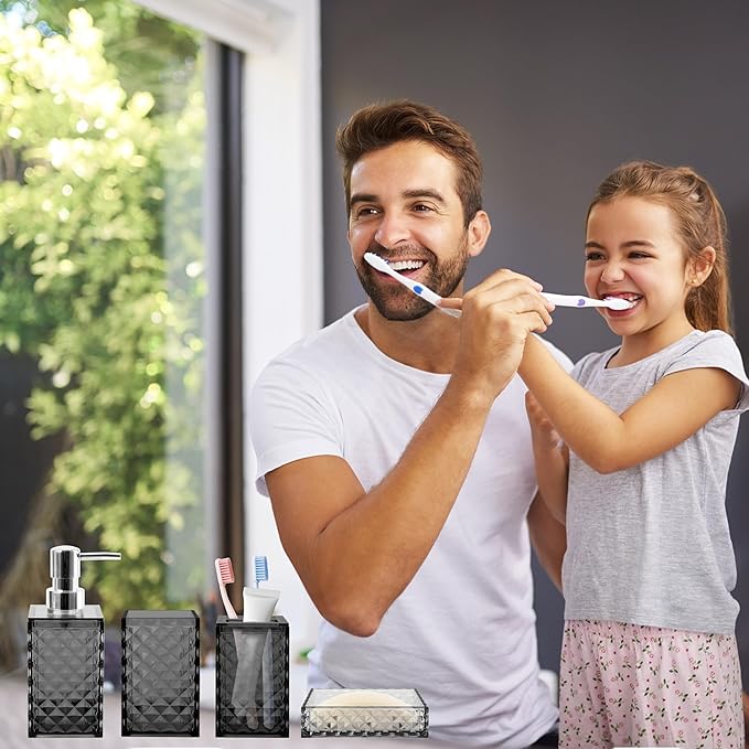 Bathroom Accessory Set, 4 PCS Grey Bathroom Accessories Set, Soap Dispenser and Toothbrush Holder Set, Soap Dish and Mouthwash Cup, Boho Bathroom Decor, Bathroom Sets Accessories