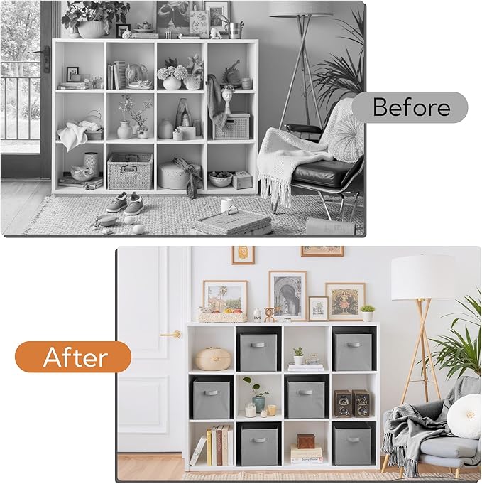 Cupic Cupid 11x11 Storage Cubes, 6 Pack Open Storage Bins with Handles, Storage Cube Organizer for Clothes and Toys, Collapsible Cube Bins for Closet, Shelves, Offices, Gray