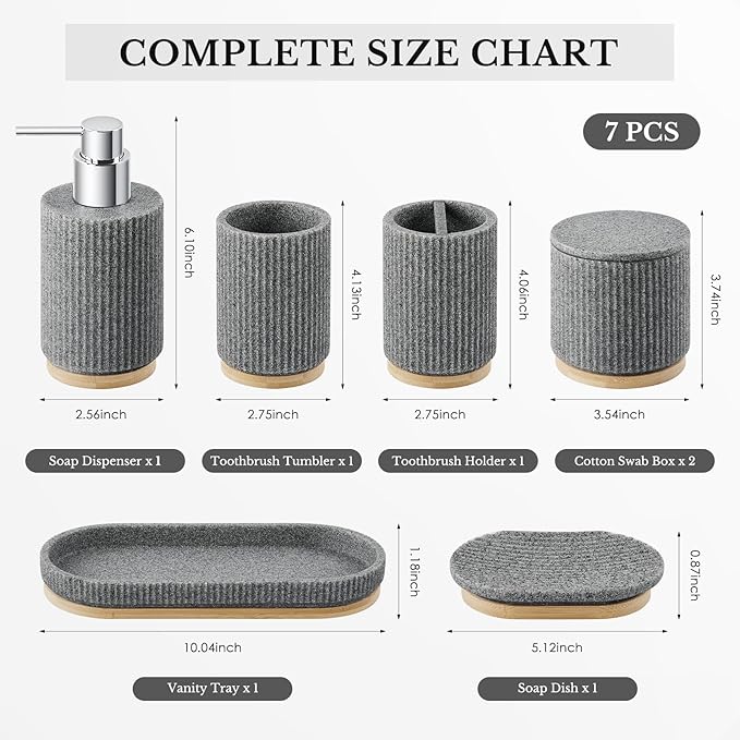 7PCS Bathroom Accessories Set, with Soap Dispenser, Q-tip Holder, Toothbrush Holder, Tumbler, Soap Dish, Vanity Tray, Complete Bathroom Accessory Set Organizer Countertop for Modern Home Decor, Grey