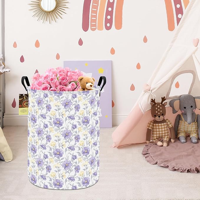HUNRUNG Laundry Hamper,Large Canvas Fabric Lightweight Storage Basket Toy Organizer Dirty Clothes Collapsible Waterproof for College Dorms（Round-Purple Flowers）