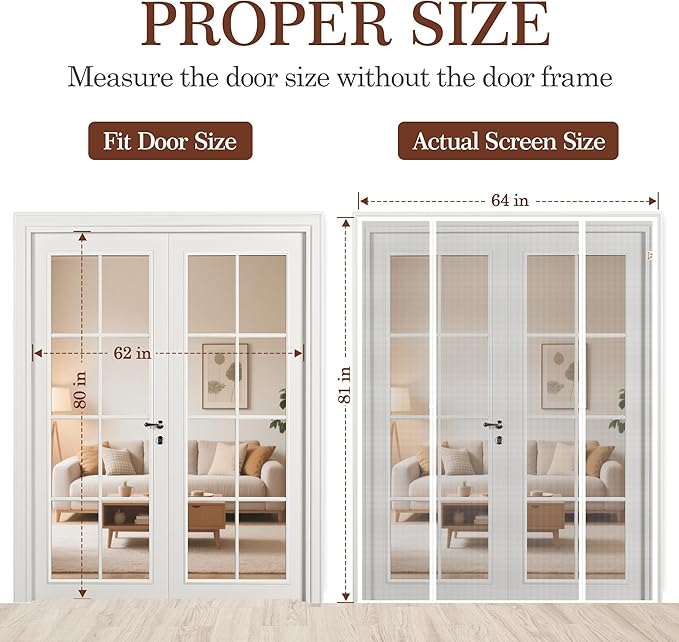yotache White Magnetic Screen Door Fit 62" x 80" Doors, Screen Size 64" x 81" Double Door Net Curtain for Sliding Door