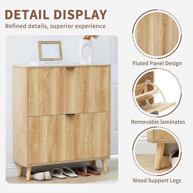 Bifins 31.5” Fluted Shoe Cabinet Storage with 2 Flip Drawers,Narrow Freestanding Shoe Storage Organizer,Slim Shoe Rack Cabinet for Entryway,Hallway (Natural)