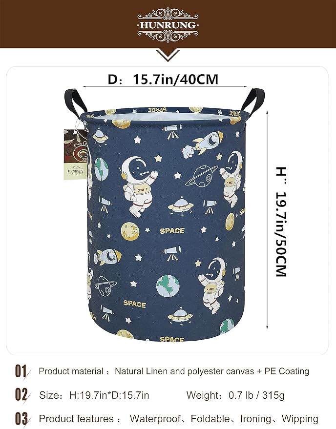 HUNRUNG Laundry Hamper,Large Canvas Fabric Lightweight Storage Basket Toy Organizer Dirty Clothes Collapsible Waterproof for College Dorms（Round-Blue Space Astronaut）