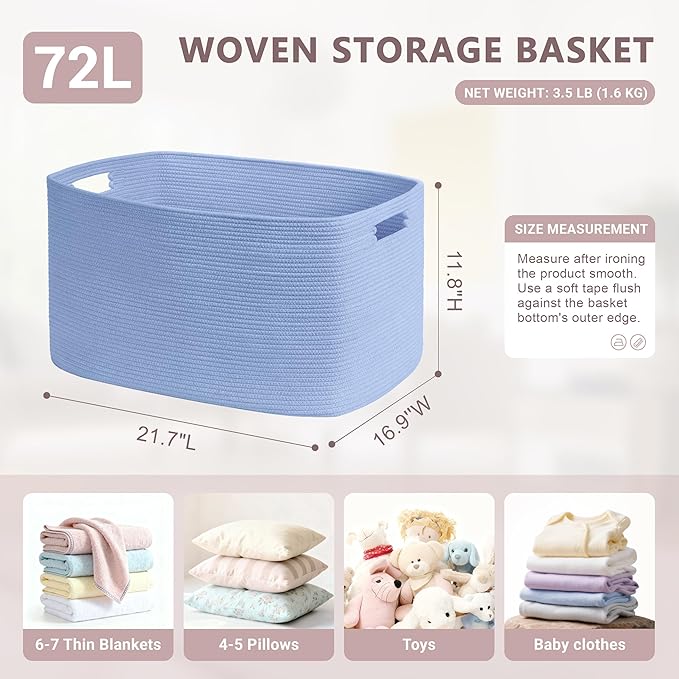 72L Large Baby Girls Laundry Basket for Nursery Storage,Cute Woven cotton Rope Baskets for Kids Toy，Gifts, Boho Square Wicker Blanket hamper for Living Room,Bedroom Dirty Clothes,Blue Purple