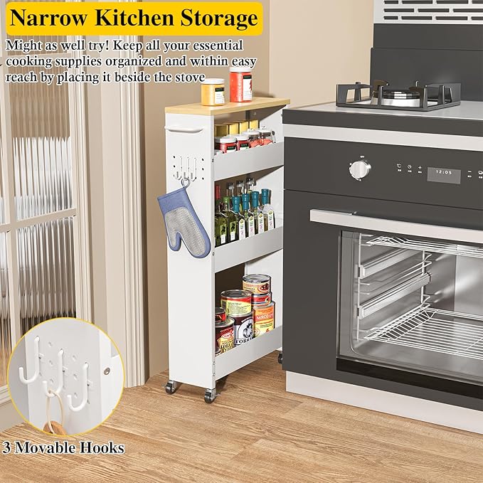 Utility Slim Storage Cart, 4-Tier Narrow Laundry Room Bathroom Organizers and Storage Cart, Metal Pantry Kitchen Organization Shelf with Wood Top, Slim Rolling Rack with Wheels for Small Space