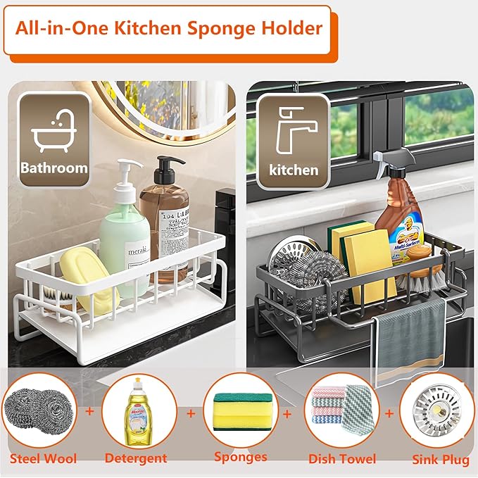 Kitchen Sink Organizer Caddy, Stainless Steel Sink Sponge Holder 30°Tilt Self-Drainage,Sponge Rack with Dish Brush Holder,Soap Dispenser for Kitchen Countertop Storage,9.1x4.1x3.5 Inch