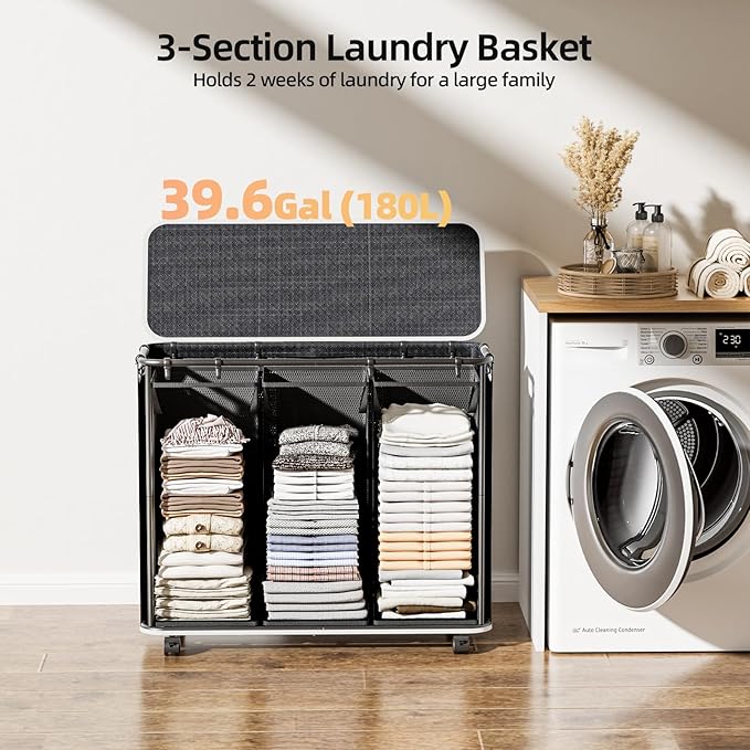 Yecaye 180L Laundry Basket With Lid and Removable 3 Bags, Large Rolling Laundry Hamper with Lid, 3 Section Rolling Clothes Storage With Wheels, Clothes Hamper with Wheels For Laundry Room, Black